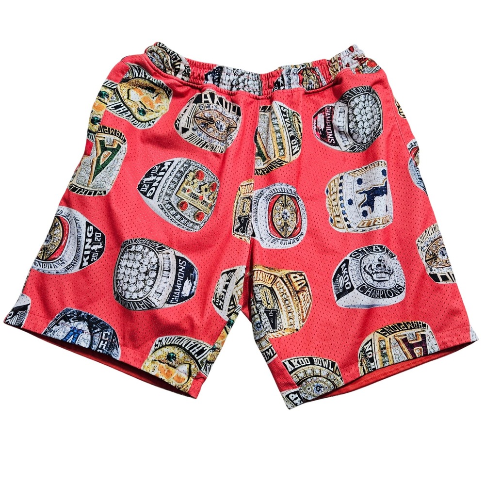 AKOO Basketball Shorts‎ Mens XL Red Championship Ring Print Mesh Zip Pocket